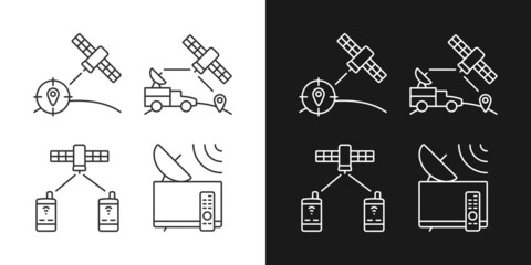 Communications satellites linear icons set for dark and light mode. Global telecommunications network connection. Customizable thin line symbols. Isolated vector outline illustrations. Editable stroke