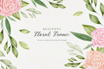 Beautiful flower floral watercolor frame, background. Place for your text. Leaves, nature, flowers with texture. 