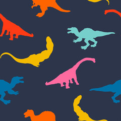 Set cartoon dinosaurus on seamless pattern isolated on dark blue background. Vector
