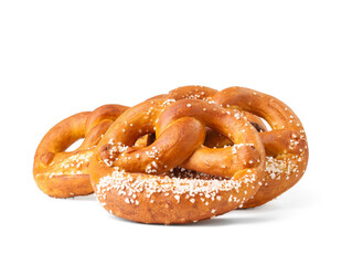 Tasty pretzels on white background. Oktoberfest celebration