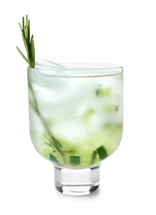 Glass of cold gin tonic and cucumber slices on white background