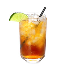 Glass of tasty Long Island iced tea on white background