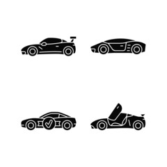 Race car models black glyph icons set on white space. Customized vehicle. World-class auto. Unique door design. High-rated professional automobile. Silhouette symbols. Vector isolated illustration