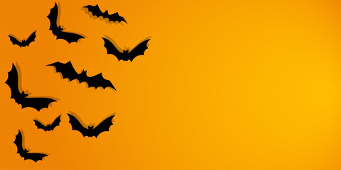 Vector. Halloween background with bats, holiday decorations. Flying bats with shadows. Halloween party invitation card mockup. Happy Halloween banner design. Flat lay, top view, copy space.