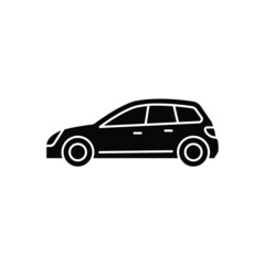 Hatchback black glyph icon. Cheap sports car. Auto with two-box design. Access to cargo area. Vehicle with hinged rear door. Silhouette symbol on white space. Vector isolated illustration