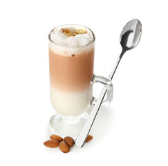 Glass cup of tasty almond latte on white background