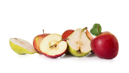 Ripe pears and apples on white background