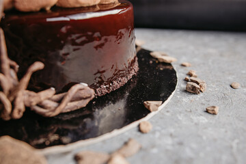 chocolate cake on a black background