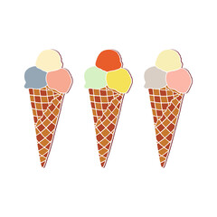 Bright vector illustration with ice cream in a waffle glass on a blue background.