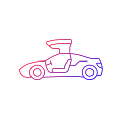Gullwing-doored vehicle gradient linear vector icon. Automobile with falconwing doors opening upward. Auto door design. Thin line color symbol. Modern style pictogram. Vector isolated outline drawing