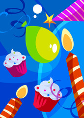 Happy Birthday poster with cakes and candles. Holiday postcard design in cartoon style.