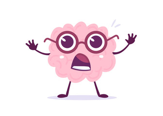 Vector Creative Illustration of Pink Human Brain Character in Glasses with Big Eyes on White Background. Flat Style Education Concept Design of Brain