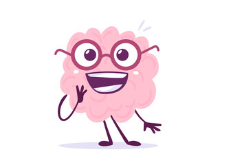 Vector Creative Illustration of Surprised Pink Human Brain Character in Glasses with Smile on White Background. Flat Style Education Concept Design of Happy Brain