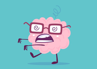 Fototapeta premium Vector Creative Illustration of Crazy Pink Human Brain Character in Glasses on Color Background. Flat Style Education Concept Design of Tired Brain