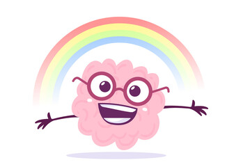 Vector Creative Illustration of Happy Pink Human Brain Character in Glasses with Bright Rainbow on White Background. Flat Style Knowledge Concept Design of Happy Brain