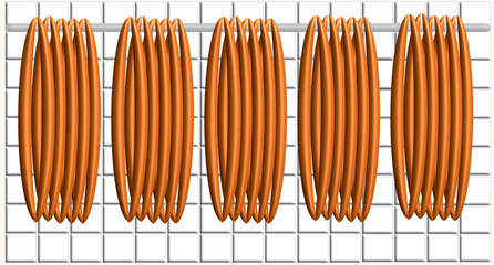Grafische Form in Form von Würsten die in einem gekachelten Raum an der Wand hängen