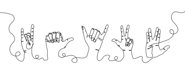 Hand gestures one line set art. Continuous line drawing of goat gesture, greetings, call, music.