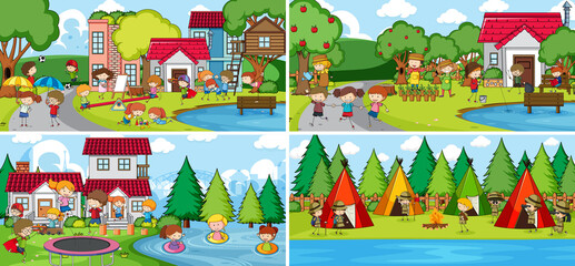 Outdoor scene set with many kids doodle cartoon character