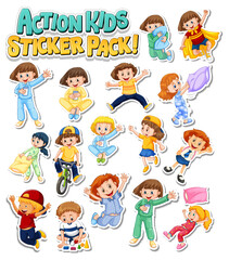 Set of stickers design with kids doing different activities