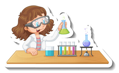 Sticker template with cartoon character of a student doing chemical experiment