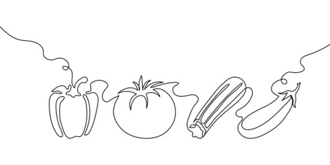 Vegetables one line set. Continuous line drawing of tomato, bell pepper, zucchini, eggplant.