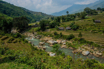 Landscape of Sa Pa, Vietnam, with a streaming river.