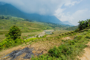 Landscape of Sa Pa, Vietnam, featuring river.