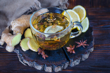 Healing herbal tea with lemon and ginger