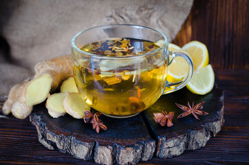 Healing herbal tea with lemon and ginger