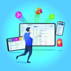 A man watching dashboard to perform progress analysis that broadcast across many devices