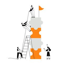 The concept of joint teamwork, building a business team. Vector illustration of working characters. Goal achievement. Moving toward a goal together. Metaphor of cooperation and business partnership.