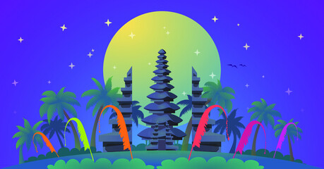  Night view Bali temple background with coconut trees and big moon on the back