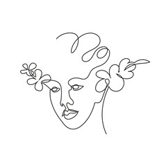 Female face drawn in one line. Continuous line. Vector illustration in a minimalistic style.