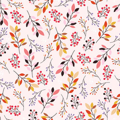 Autumn seamless background. Colorful pattern with fall leaves, branches and berries. 