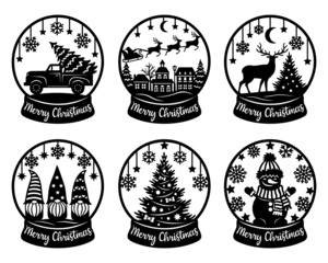 Snow globe vector set. Paper cut template. Merry Christmas phrase. Snowman, tree, snowflake, truck, deers, gnomes, Santa. For postcard, window and wall decorations. Illustrations isolated on white. - obrazy, fototapety, plakaty