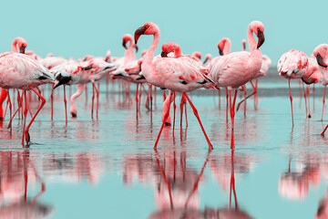 Wild  life.  Flock of pink african flamingos  walking around the blue lagoon on the background of bright sky