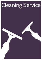 Cleaning service text with hands holding water wiper icons against purple background
