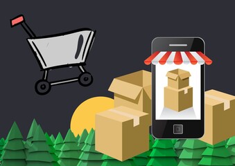 Smartphone and shopping cart icon against multiple boxes and trees icons on green background