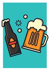 Digitally generated image of beer bottle and beer pitcher icon against green background