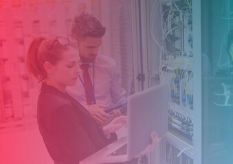 Gradient overlay over caucasian man and woman working in a computer server room
