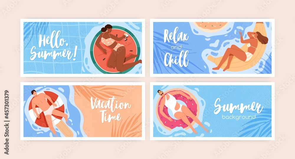 Poster set of summer holiday backgrounds with happy people relaxing and sunbathing in water with pool rings