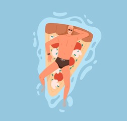 Fototapeta premium Man in sunglasses relaxing and floating on inflatable beach mattress in pool. Happy smiling person swimming on rubber pizza slice in water on summer holidays. Colored flat vector illustration