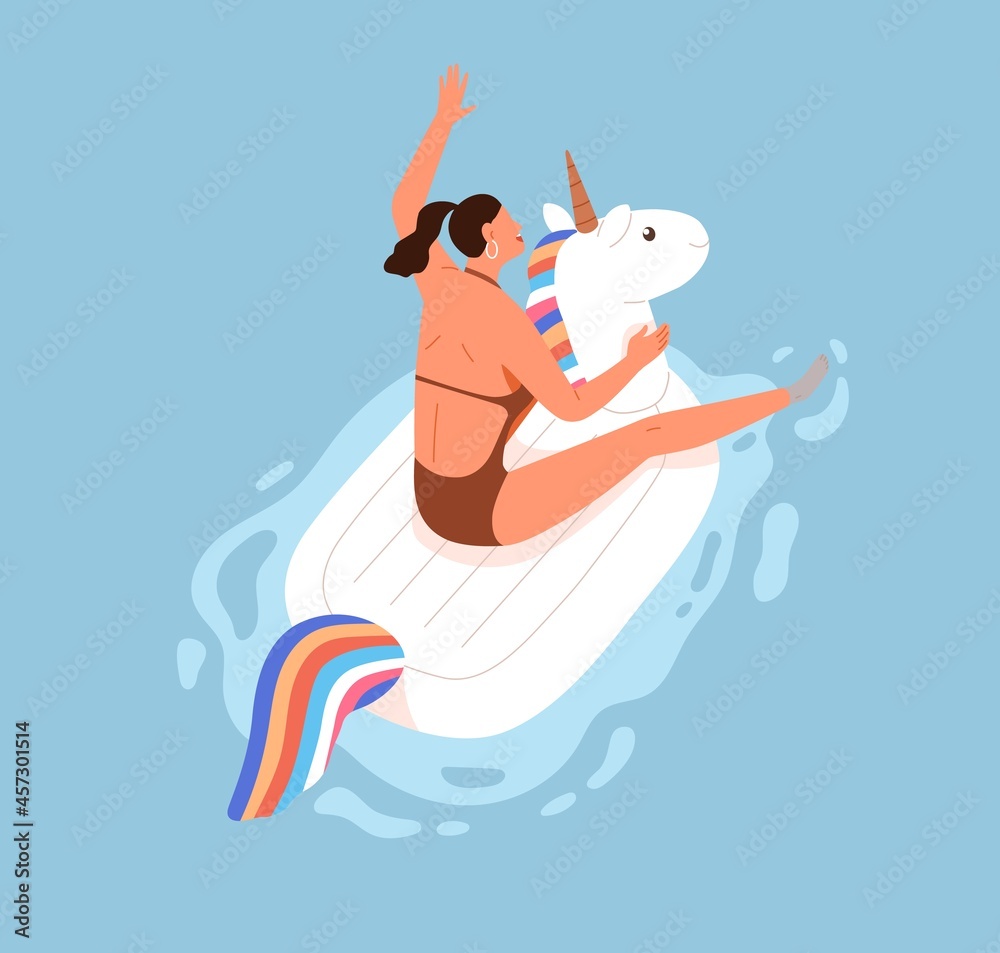 Aufkleber happy woman having fun and floating on rubber ring in pool on summer holidays. person swimming on in