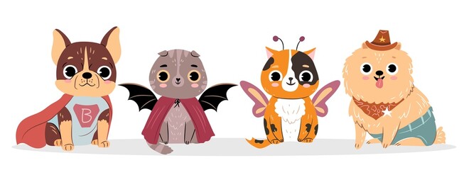 Fototapeta premium Cats and dogs in costumes for Halloween. Set of cute isolated baby bulldog, scottish fold cat, spitz. Flat vector cartoon illustration