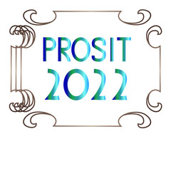 Prosit 2022 in Art Deco Schrift, Jugendstil Blau, Cyan bis Silber mit goldenem Rahmen
