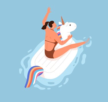 Happy woman having fun and floating on rubber ring in pool on summer holidays. Person swimming on inflatable beach funny unicorn in water with pleasure and joy. Colored flat vector illustration