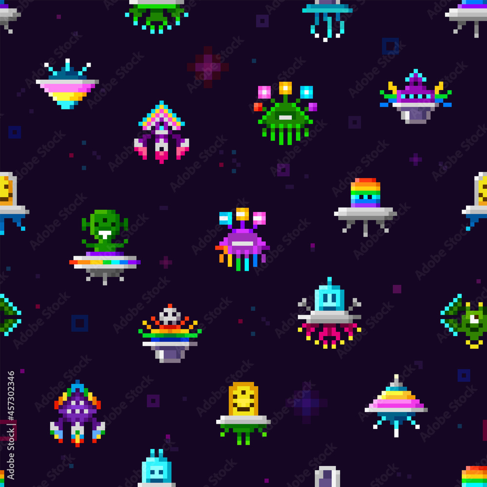 Poster Pixel Art space monsters and ufo aliens - cute colorful vector seamless pattern. Robot invader characters for retro video game arcade  endless background