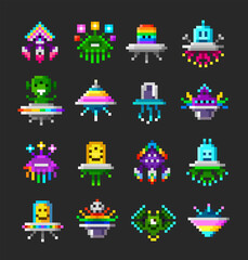 Colorful pixel art space monsters and ufo aliens - vector icons set. Cute robots invaders characters for retro video game design. 8-bit arcade characters © VRTX