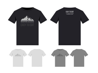 Vector t-shirt mockup set of black, white, grey colors with silhouette of mountain print design. Front and back tshirt isolated from white