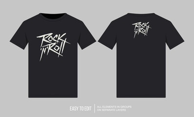 Vector black t-shirt mockup with rock n roll print design. Front and back tshirt isolated from grey - obrazy, fototapety, plakaty